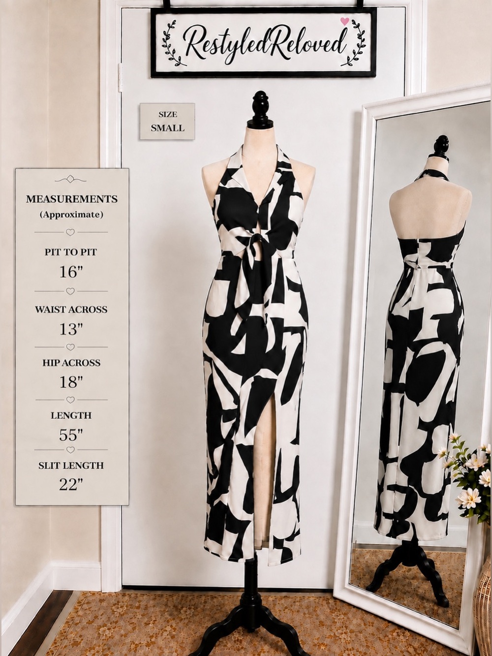 Invitée Print Notch-Collar Halter Maxi Dress Black & Ivory Abstract Size Small